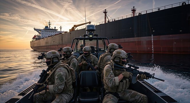 Maritime security team on a patrol boat beside a large vessel